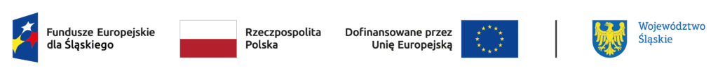 Zestaw czterech kolorowych logotypów w tym od lewej: logotyp Programu Fundusze Europejskie dla Śląskiego, flaga RP, logotyp Unii Europejskiej oraz Województwa Śląskiego oraz nazwa projektu "Powiatowi Zawodowcy"